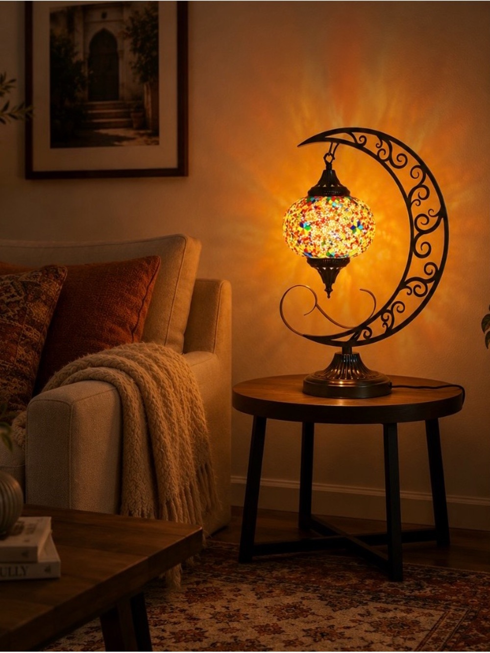 Multicolor Mosaic Crescent Table Lamp - Turkish-Inspired Design